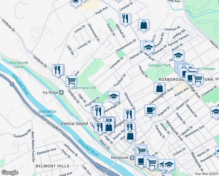 map of restaurants, bars, coffee shops, grocery stores, and more near 238 Fountain Street in Philadelphia
