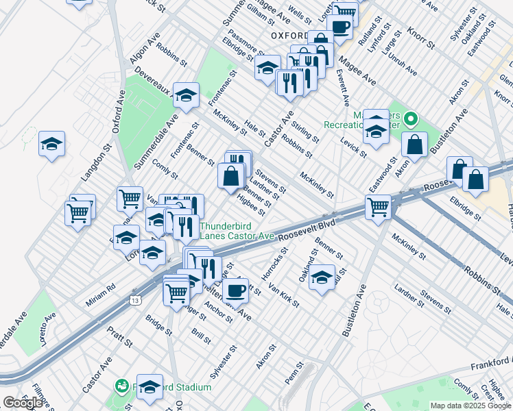 map of restaurants, bars, coffee shops, grocery stores, and more near 1451 Higbee Street in Philadelphia