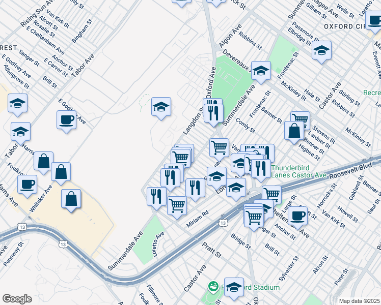 map of restaurants, bars, coffee shops, grocery stores, and more near 881 Anchor Street in Philadelphia