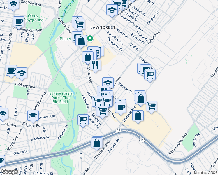 map of restaurants, bars, coffee shops, grocery stores, and more near 5414 Tabor Avenue in Philadelphia