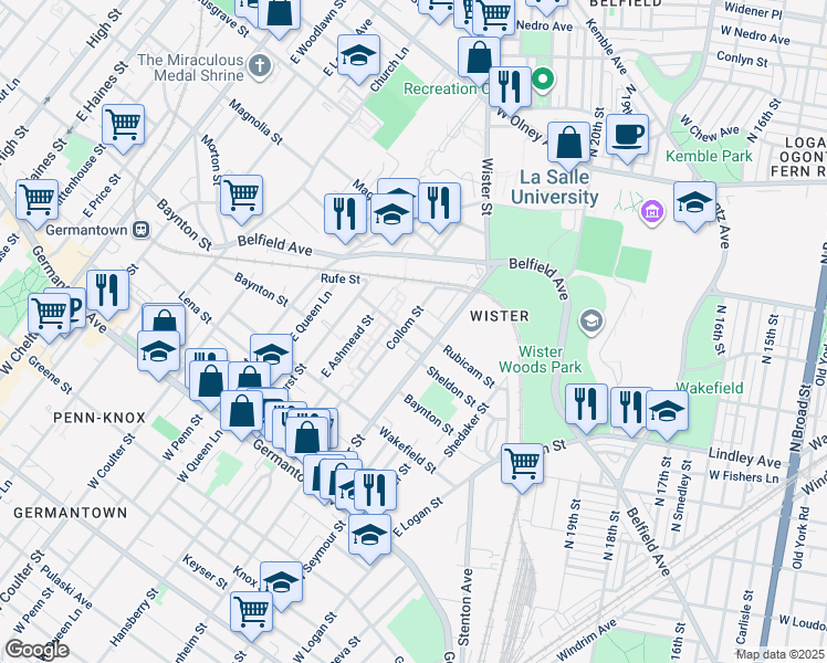map of restaurants, bars, coffee shops, grocery stores, and more near 5116 Rubicam Street in Philadelphia