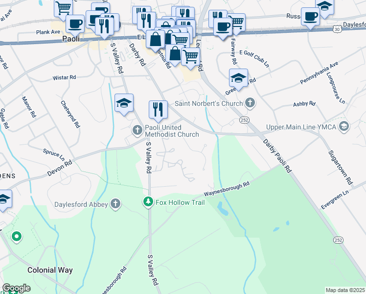map of restaurants, bars, coffee shops, grocery stores, and more near 208 Pheasant Run Drive in Paoli