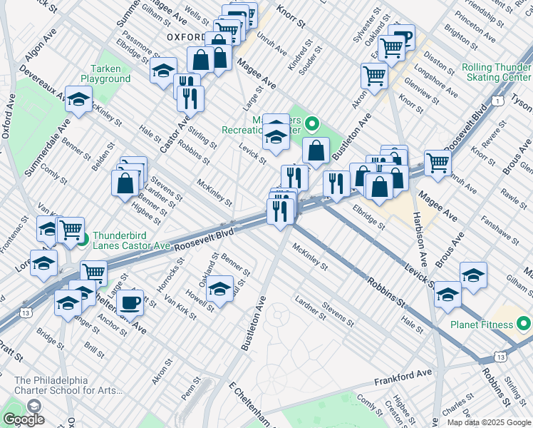 map of restaurants, bars, coffee shops, grocery stores, and more near 6273 Roosevelt Boulevard in Philadelphia