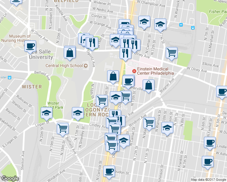 map of restaurants, bars, coffee shops, grocery stores, and more near 5331 North Carlisle Street in Philadelphia