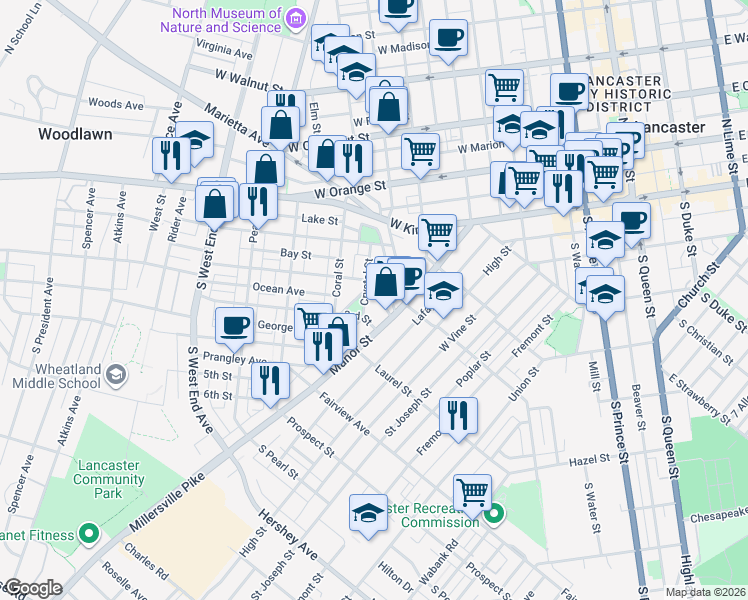 map of restaurants, bars, coffee shops, grocery stores, and more near 35 Caroline Street in Lancaster