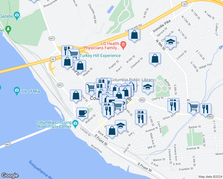 map of restaurants, bars, coffee shops, grocery stores, and more near 143 North 4th Street in Columbia