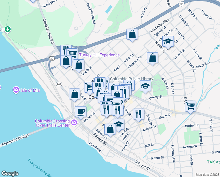 map of restaurants, bars, coffee shops, grocery stores, and more near 141 North 4th Street in Columbia