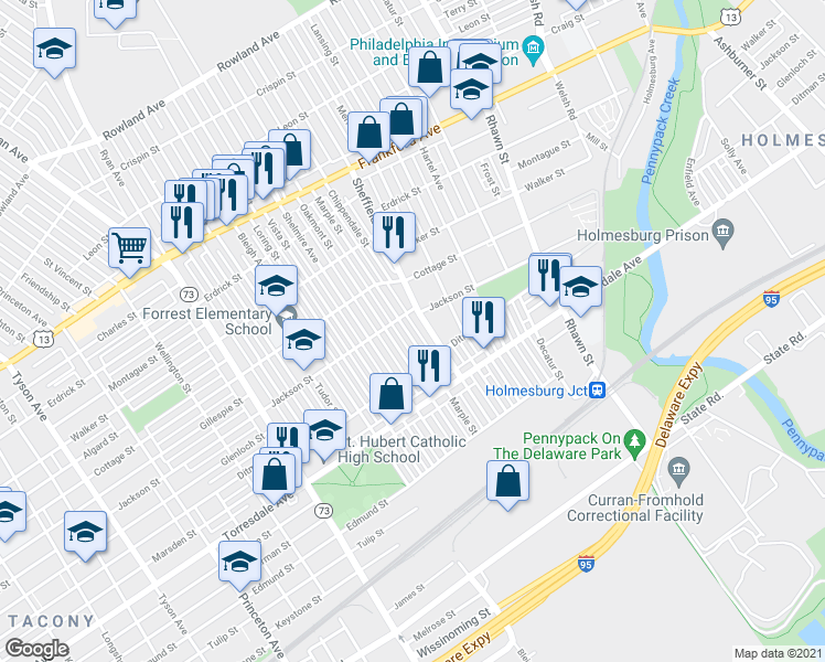 map of restaurants, bars, coffee shops, grocery stores, and more near 4519 Marple Street in Philadelphia