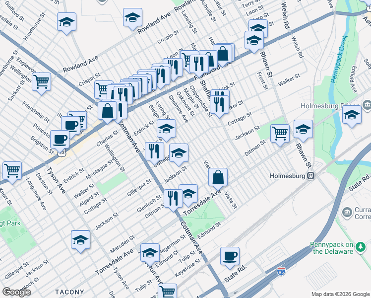 map of restaurants, bars, coffee shops, grocery stores, and more near 4401 Loring Street in Philadelphia