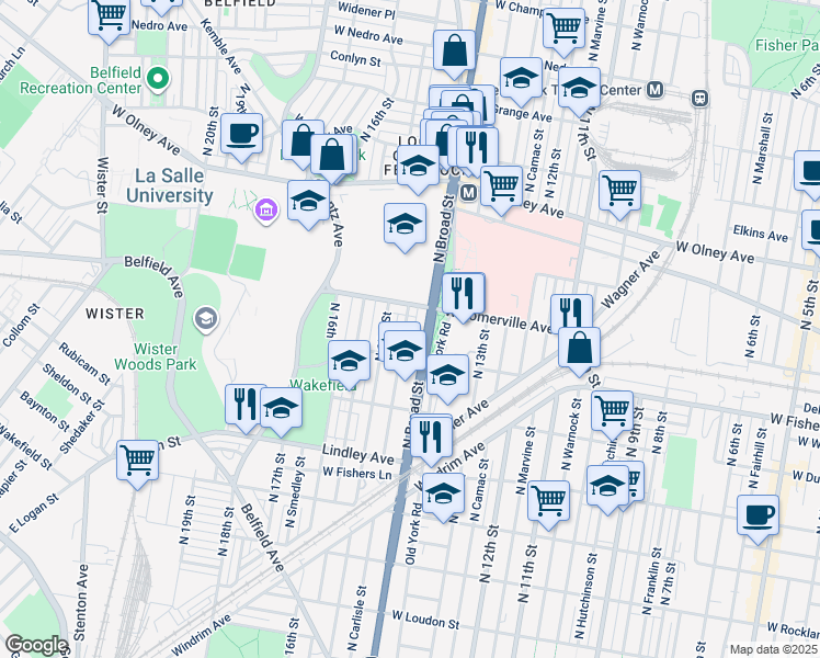 map of restaurants, bars, coffee shops, grocery stores, and more near 5331 North Carlisle Street in Philadelphia