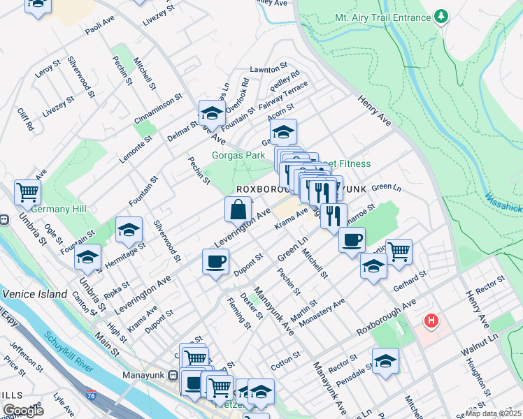 map of restaurants, bars, coffee shops, grocery stores, and more near 430 Leverington Avenue in Philadelphia