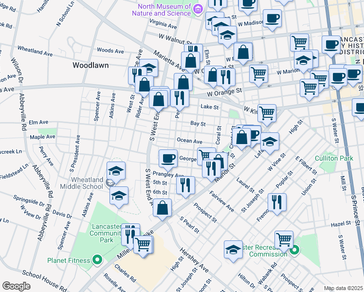 map of restaurants, bars, coffee shops, grocery stores, and more near 26 Ocean Avenue in Lancaster