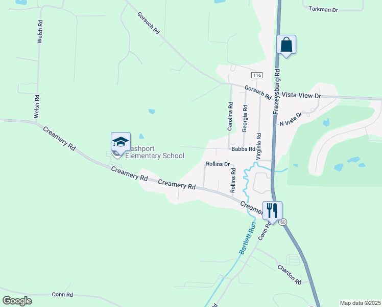map of restaurants, bars, coffee shops, grocery stores, and more near 3500 Babbs Road in Nashport