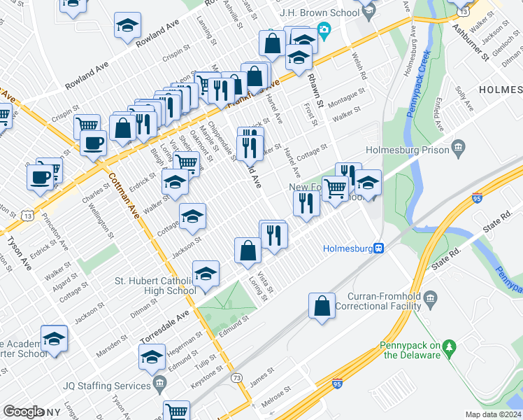 map of restaurants, bars, coffee shops, grocery stores, and more near 4519 Marple Street in Philadelphia