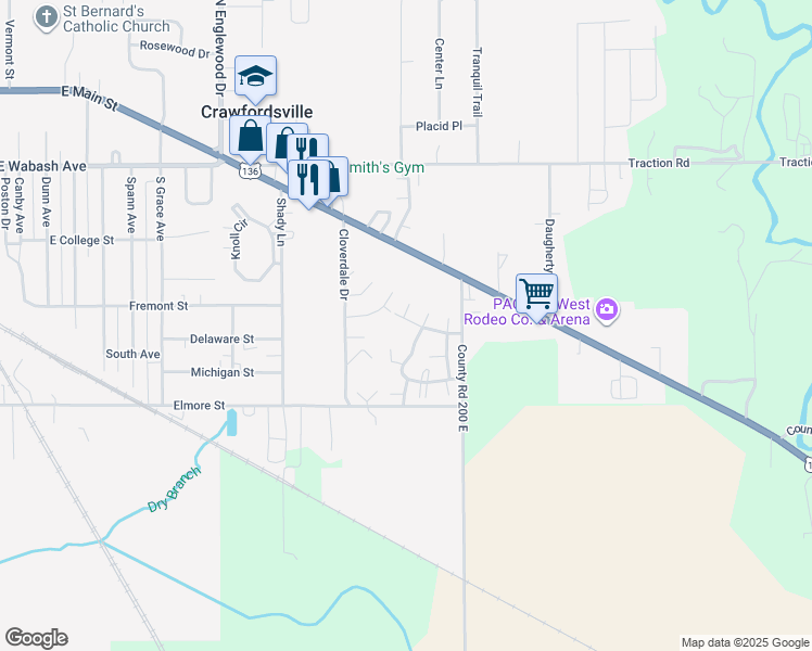 map of restaurants, bars, coffee shops, grocery stores, and more near 2001 Zelmar Drive in Crawfordsville