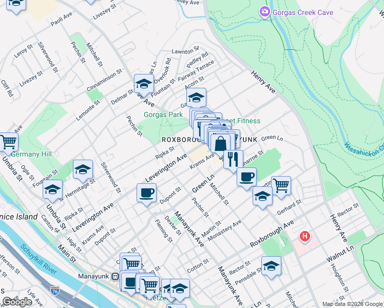 map of restaurants, bars, coffee shops, grocery stores, and more near 452 Leverington Avenue in Philadelphia