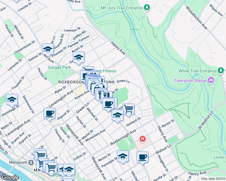 map of restaurants, bars, coffee shops, grocery stores, and more near 563 Conarroe Street in Philadelphia