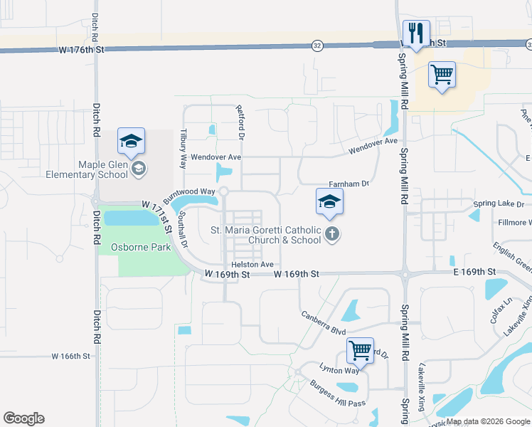map of restaurants, bars, coffee shops, grocery stores, and more near 17119 Stroud Lane in Westfield