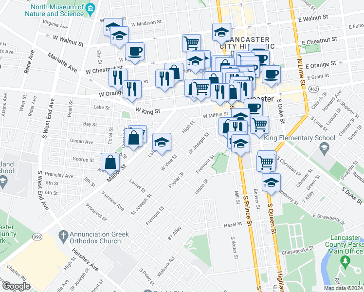 map of restaurants, bars, coffee shops, grocery stores, and more near 463 1/2 West Vine Street in Lancaster