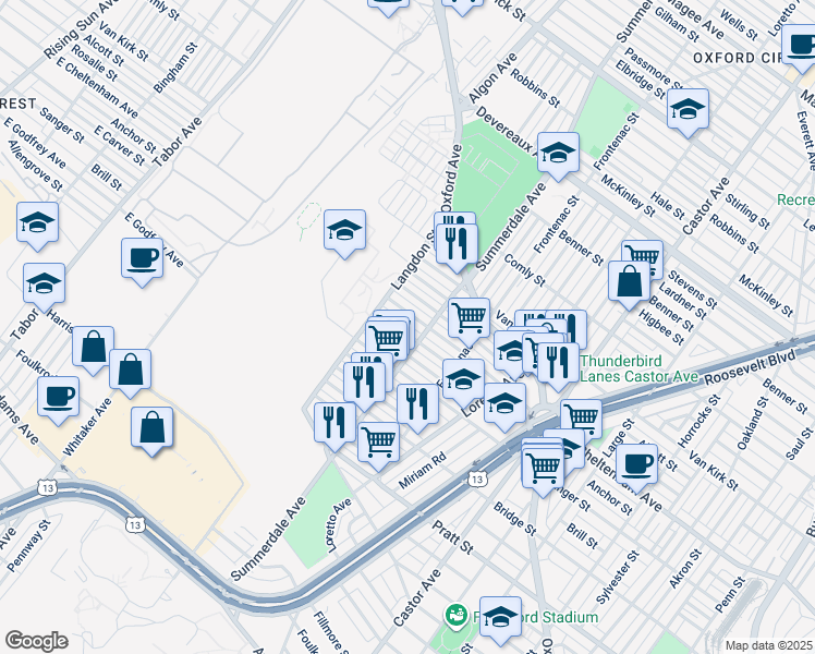 map of restaurants, bars, coffee shops, grocery stores, and more near 881 Anchor Street in Philadelphia