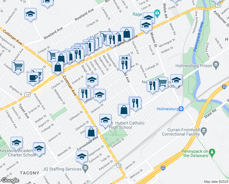 map of restaurants, bars, coffee shops, grocery stores, and more near 4432 Shelmire Avenue in Philadelphia