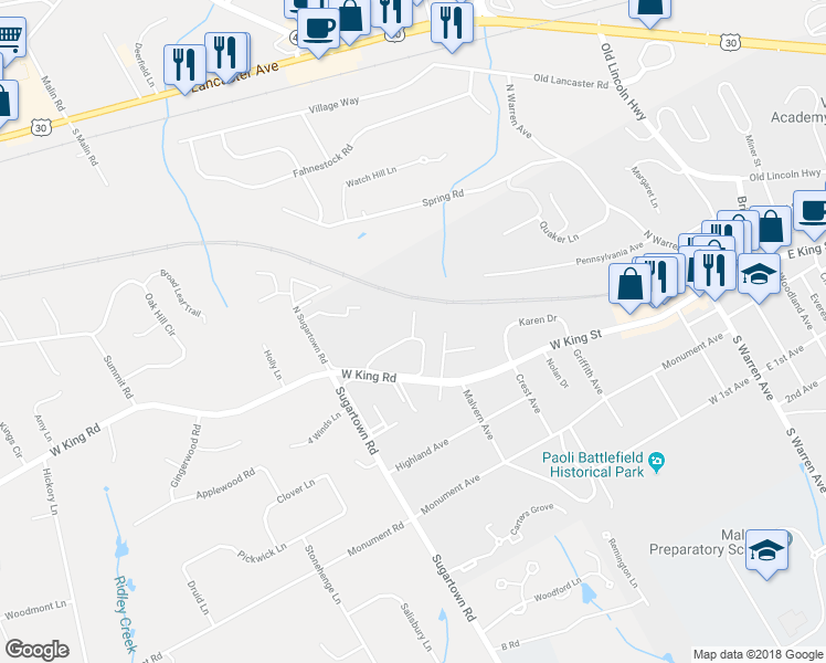 map of restaurants, bars, coffee shops, grocery stores, and more near 922 Charleston Green in Malvern
