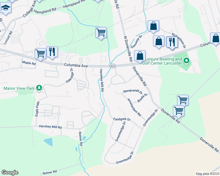map of restaurants, bars, coffee shops, grocery stores, and more near 123 Hampden Drive in Mountville