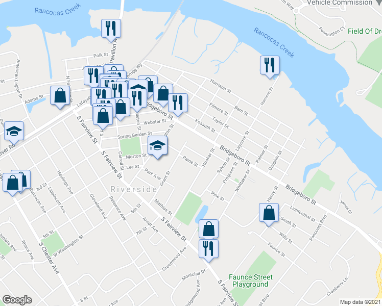 map of restaurants, bars, coffee shops, grocery stores, and more near 511 Howard Street in Riverside