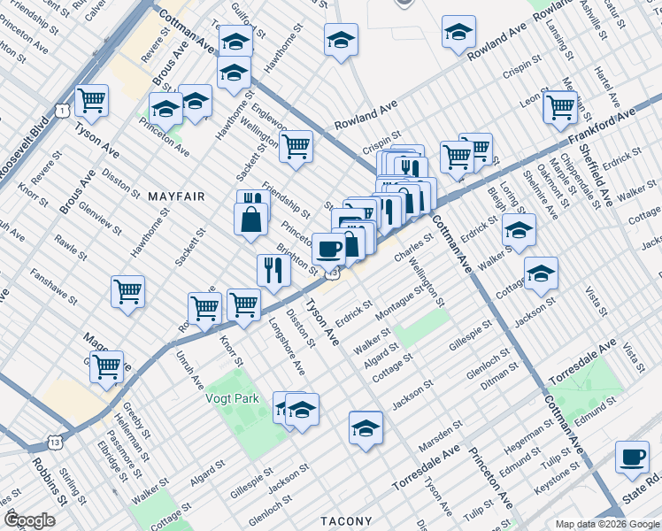 map of restaurants, bars, coffee shops, grocery stores, and more near in Philadelphia