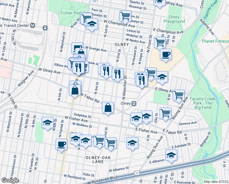 map of restaurants, bars, coffee shops, grocery stores, and more near 5511 North 2nd Street in Philadelphia