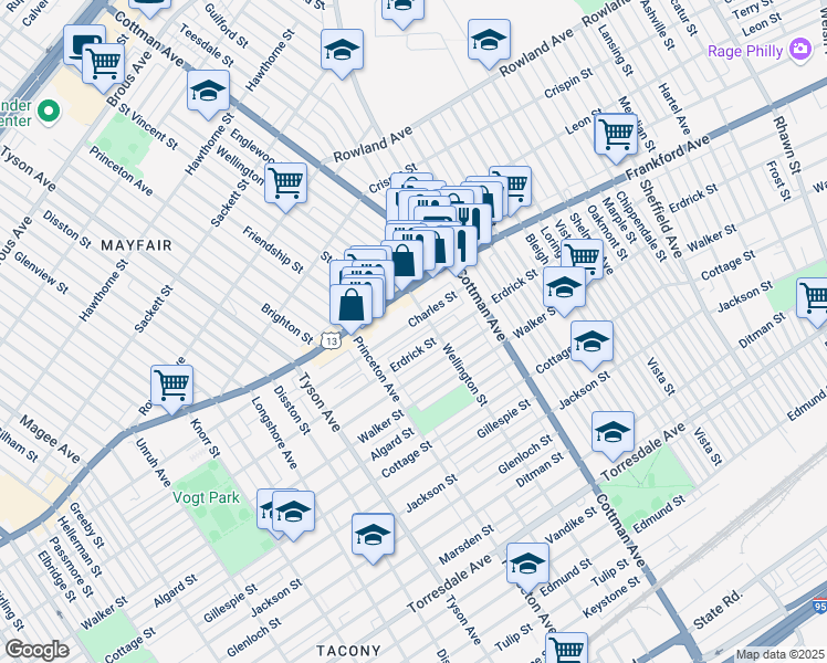 map of restaurants, bars, coffee shops, grocery stores, and more near 7165 Charles Street in Philadelphia