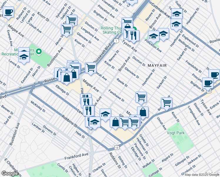 map of restaurants, bars, coffee shops, grocery stores, and more near 2907 Fanshawe St in Philadelphia