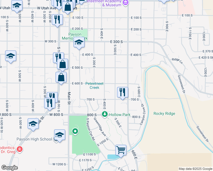 map of restaurants, bars, coffee shops, grocery stores, and more near 420 East 600 South in Payson