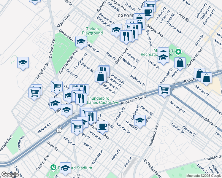 map of restaurants, bars, coffee shops, grocery stores, and more near 1447 Benner Street in Philadelphia
