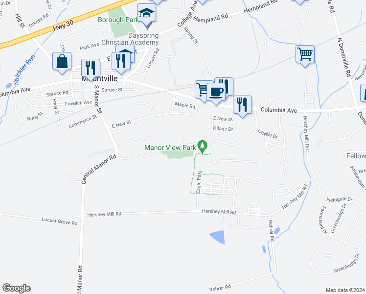 map of restaurants, bars, coffee shops, grocery stores, and more near 112 Acorn Lane in Mountville