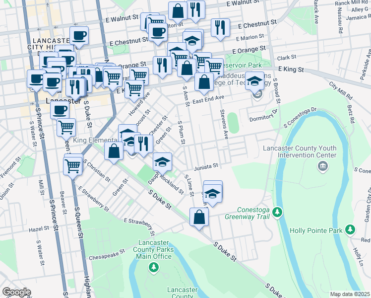 map of restaurants, bars, coffee shops, grocery stores, and more near 25 Dauphin Street in Lancaster