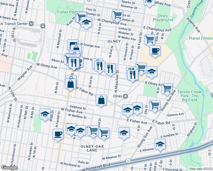 map of restaurants, bars, coffee shops, grocery stores, and more near 5511 North 2nd Street in Philadelphia
