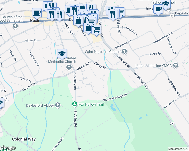 map of restaurants, bars, coffee shops, grocery stores, and more near 208 Pheasant Run Drive in Paoli