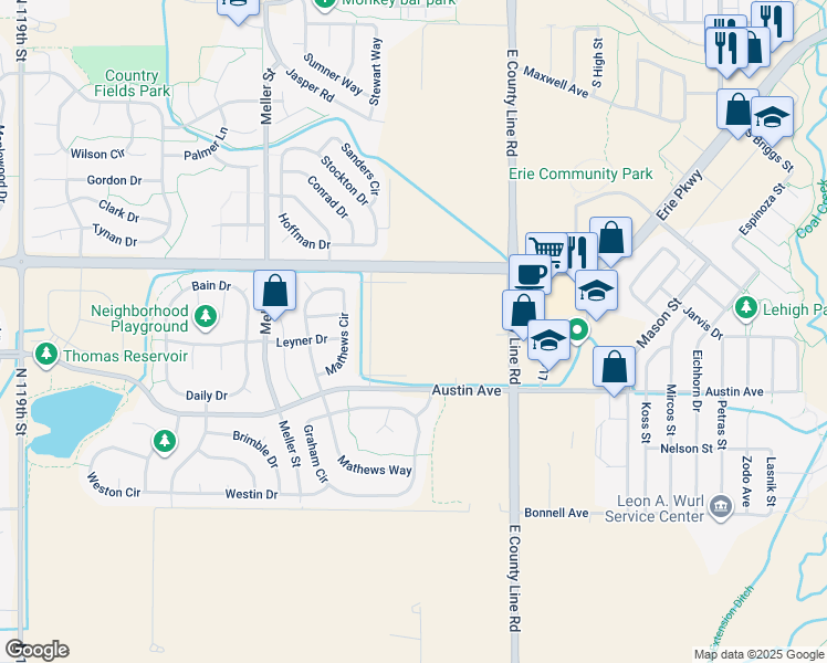 map of restaurants, bars, coffee shops, grocery stores, and more near 640 Mathews Circle in Erie