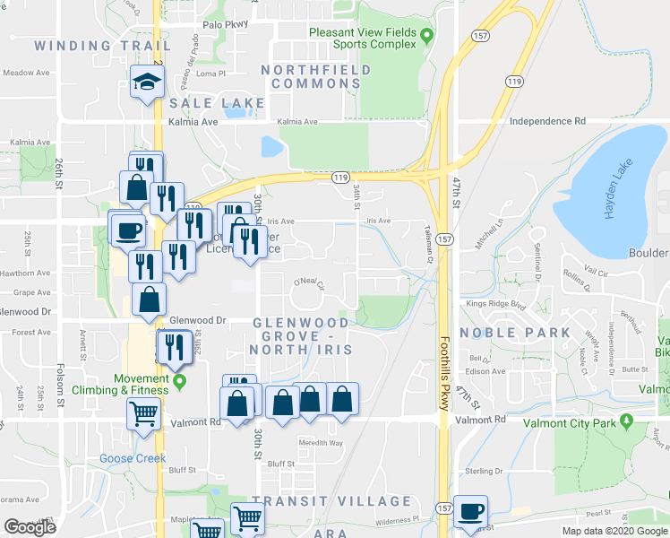 map of restaurants, bars, coffee shops, grocery stores, and more near 3300 Bridger Trail in Boulder