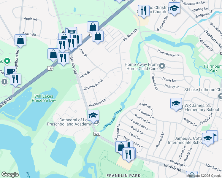 map of restaurants, bars, coffee shops, grocery stores, and more near 16 Rambler Court in Willingboro