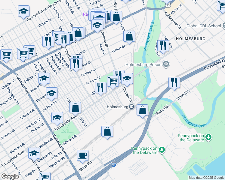 map of restaurants, bars, coffee shops, grocery stores, and more near 4619 Ashville Street in Philadelphia