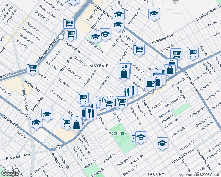 map of restaurants, bars, coffee shops, grocery stores, and more near in Philadelphia