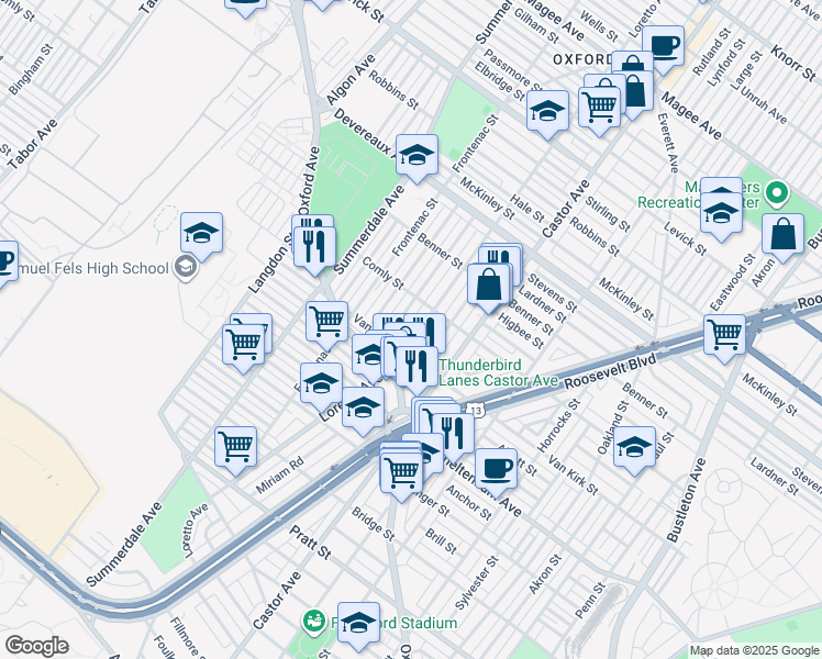 map of restaurants, bars, coffee shops, grocery stores, and more near 5946 Loretto Avenue in Philadelphia