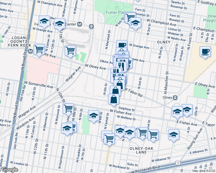 map of restaurants, bars, coffee shops, grocery stores, and more near 512 West Tabor Road in Philadelphia