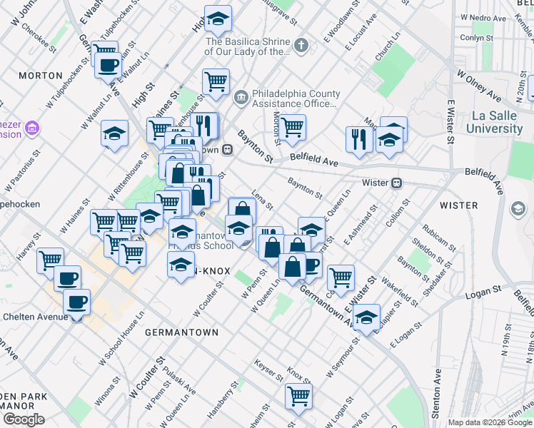 map of restaurants, bars, coffee shops, grocery stores, and more near 5414 Lena Street in Philadelphia