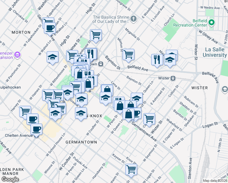 map of restaurants, bars, coffee shops, grocery stores, and more near 5414 Lena Street in Philadelphia