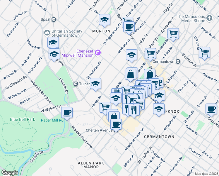 map of restaurants, bars, coffee shops, grocery stores, and more near 250 Harvey Street in Philadelphia