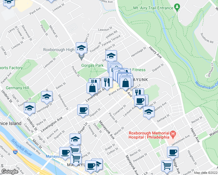 map of restaurants, bars, coffee shops, grocery stores, and more near 452 Leverington Avenue in Philadelphia