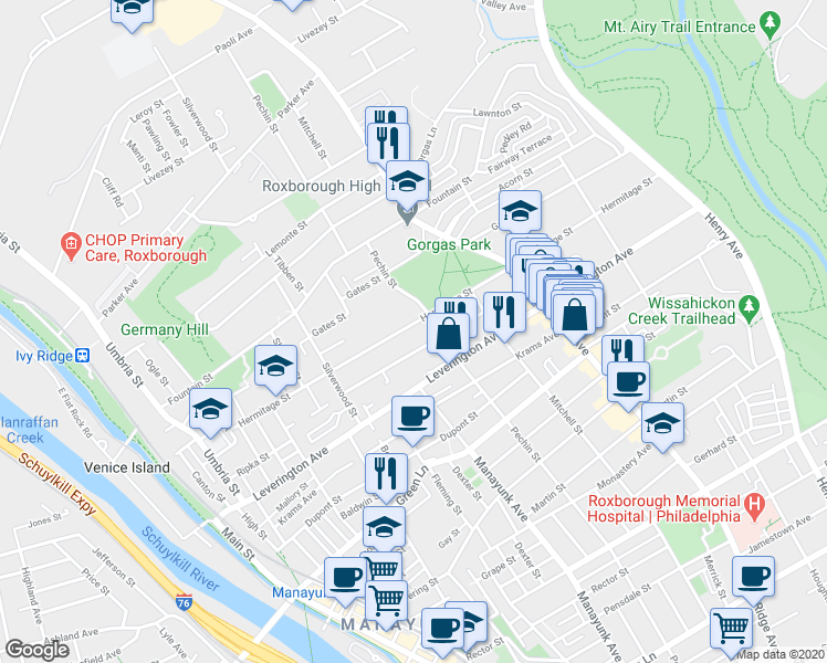 map of restaurants, bars, coffee shops, grocery stores, and more near 365 Hermitage Street in Philadelphia